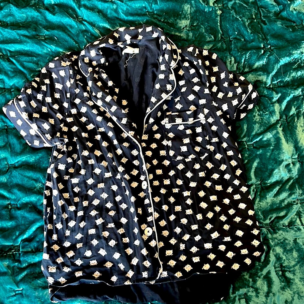 Madewell Cat Printed Black and White Short Sleeve Button Up Pajama Top L